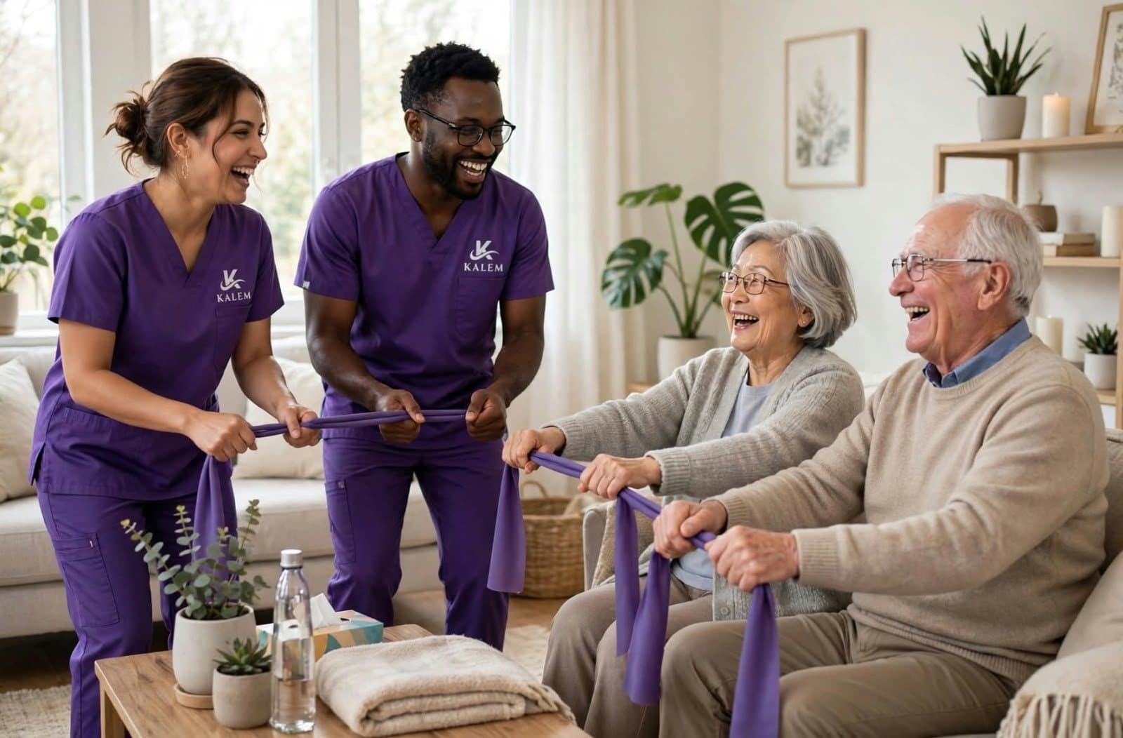 Two KALEM caregivers leading an older couple through gentle stretching exercises