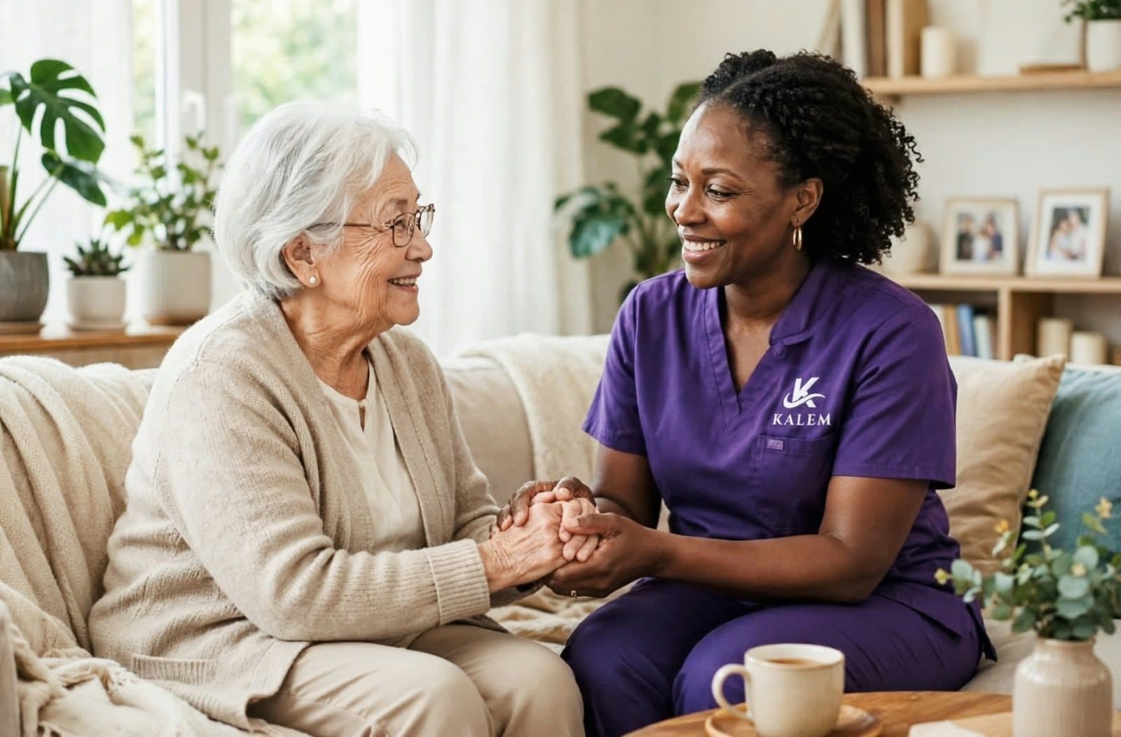 A KALEM caregiver holding hands with an older woman over a cup of tea in her living room