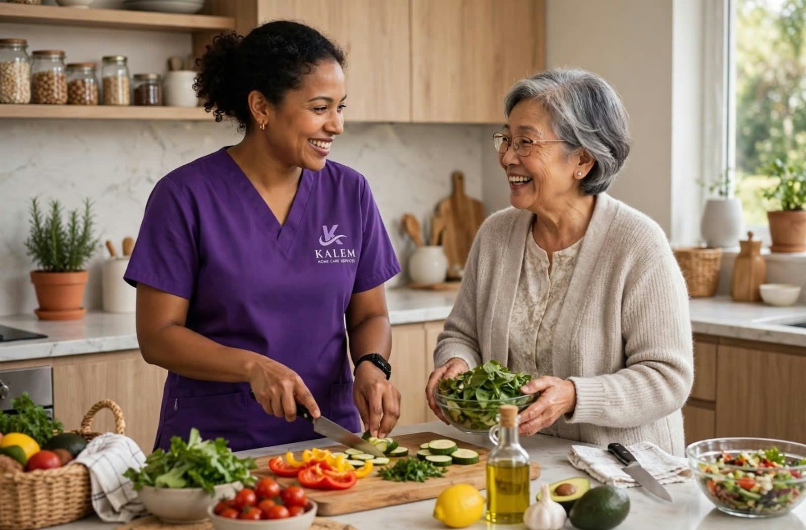 A KALEM caregiver and an older woman preparing a fresh salad together