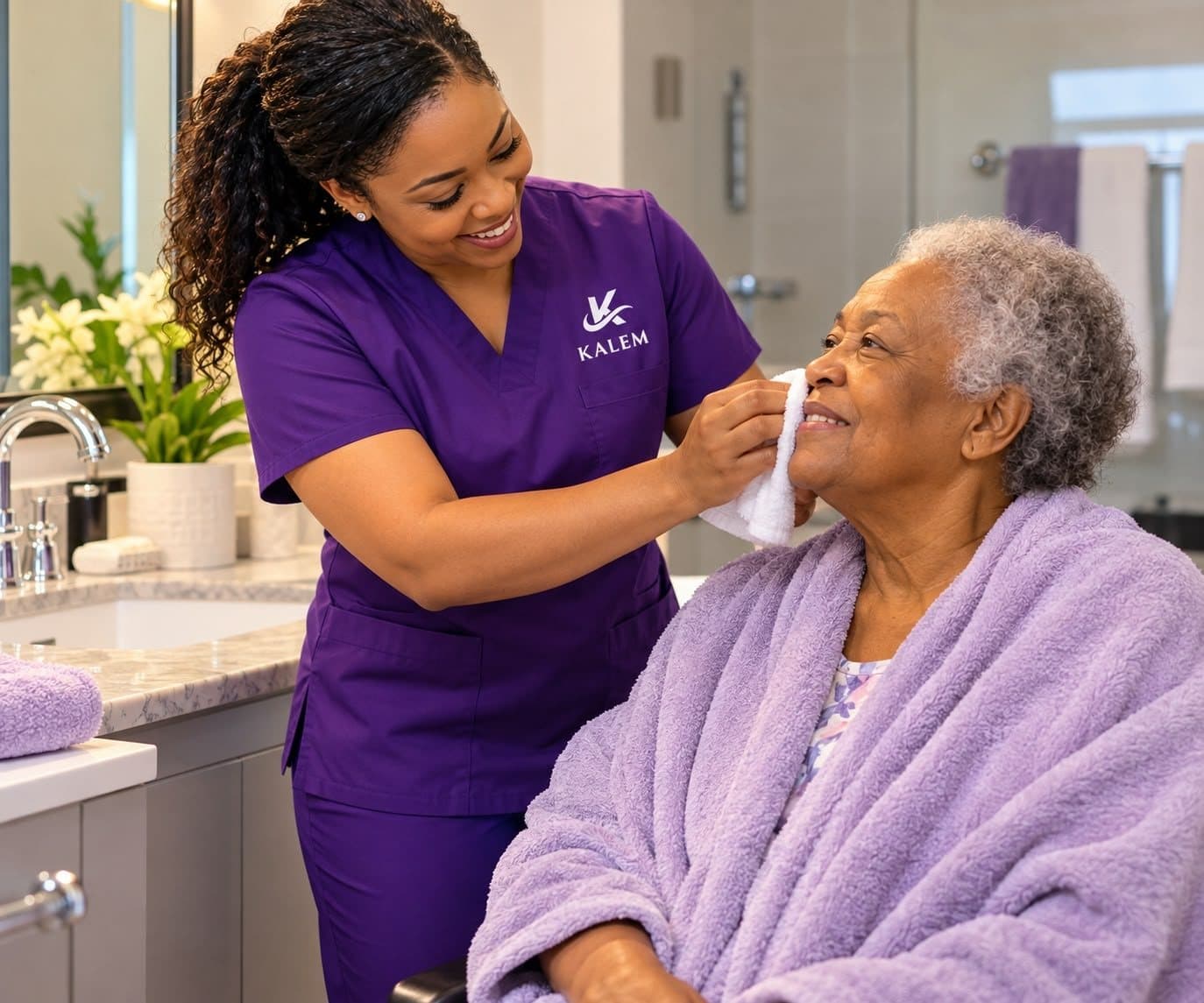 A KALEM caregiver gently helping an older woman with her morning routine